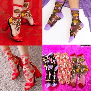 3 pairs of Sock Candy sheer socks, strawberries, mushrooms, dragon sz 6-8